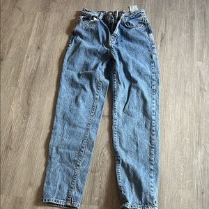 Zara Light Blue Denim Jeans with Brown Leather Patch